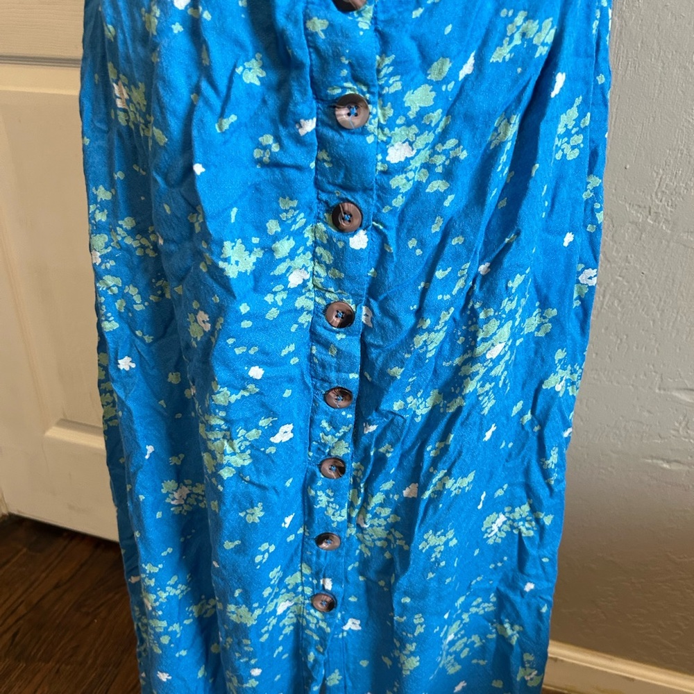 Free People Vibrant Blue Floral Long Sleeve Dress cutout button tie dress - Picture 5 of 10